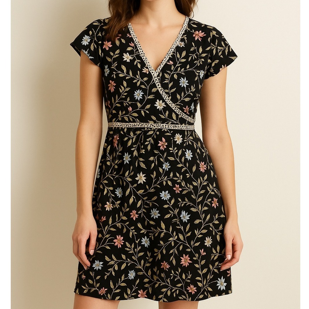 LOFT Floral Midi Dress V Neck Short‎ Sleeve Empire Waist Spring Summer Small